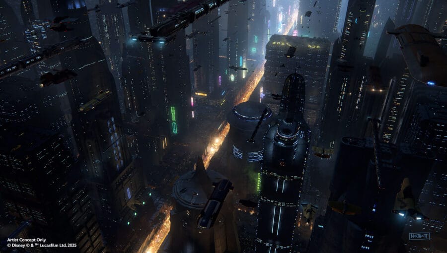 Coruscant: Auf dem dicht bebauten Stadtplaneten erlebt ihr schnelle Szenen zwischen riesigen Gebäuden und viel Verkehr.