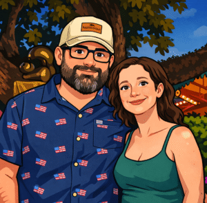 Torsten und Dörthe im Comicstil in einem Freizeitpark