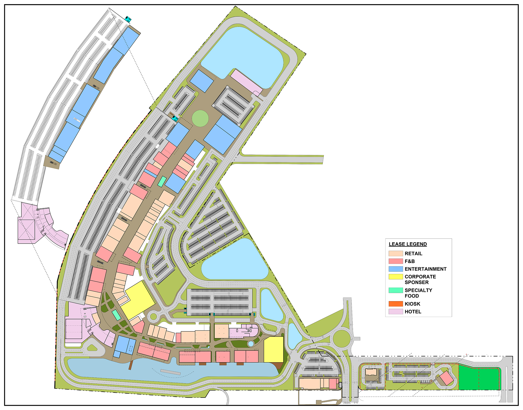 Karte des geplanten Ovation Orlando mit Bereichen für Geschäfte (Retail), Essen & Trinken (F&B), Unterhaltung (Entertainment), Hotel und mehr