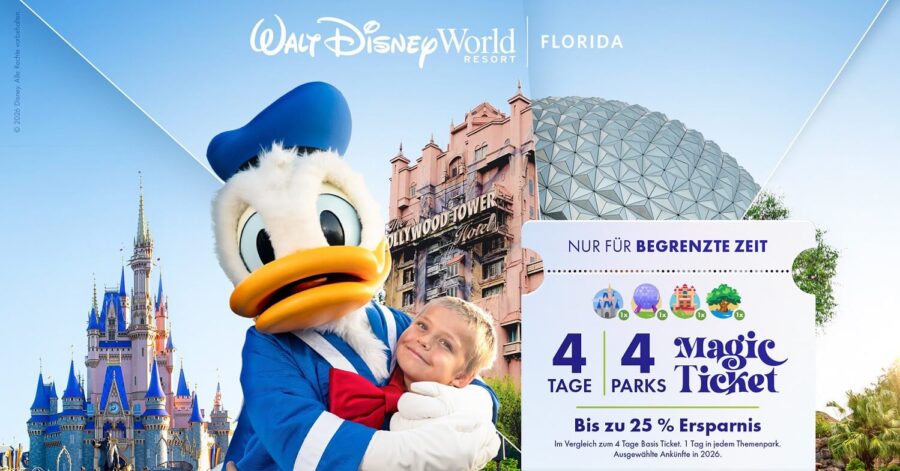 Walt Disney World Sparticket 2026 Sparticket 2026 für Walt Disney World: 4 Tage, 4 Parks Magic Ticket mit bis zu 25% Ersparnis. Bild zeigt Bilder aus allen Parks und davor Donald mit einem Kind