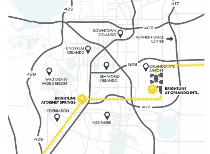 Brightline Disney Springs Die ursprüngliche, aber verworfene Streckenführung mit Stop in Disney Springs