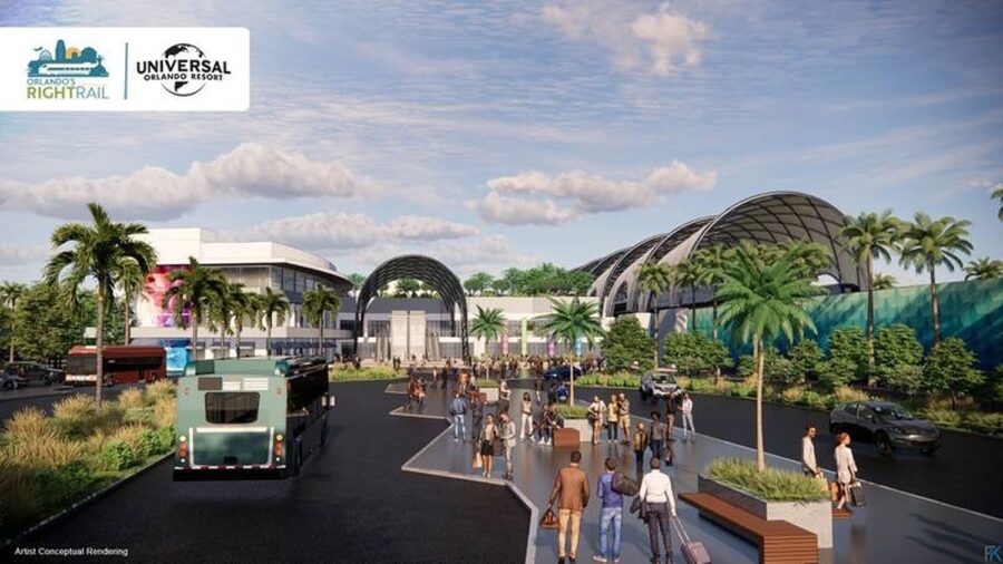 Brightline Epic Universe Concept Art für den geplanten SunRail und Brightline Bahnhof zwischen Epic Universe und Orange County Convention Center